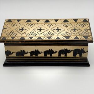 Vintage Foreside Safari Hand Made in India Wooden Jewelry Trinket Box Elephants